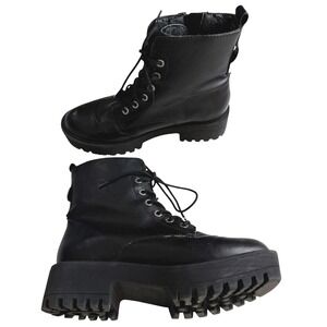 Forever 21 Womens Black Vegan Leather Boots Sz 7 Lug Sole Combat Goth Emo SEE